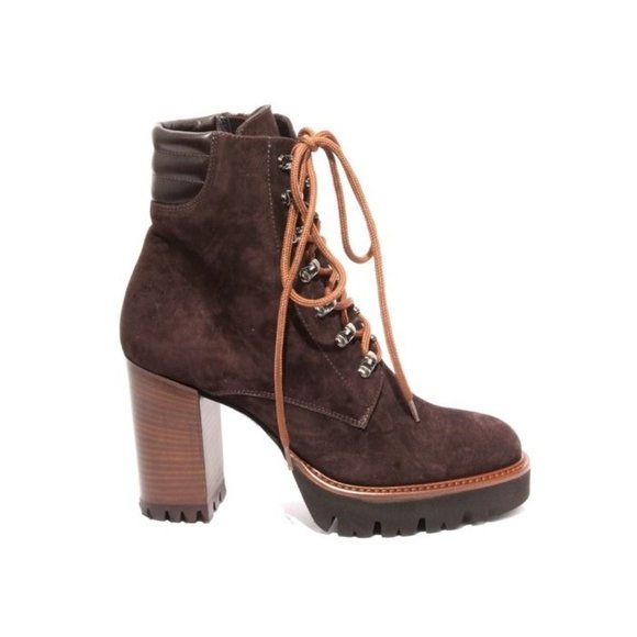 Italian Brown Suede Lace-Up Zip-Up Ankle Heel Boots - Picture 3 of 8